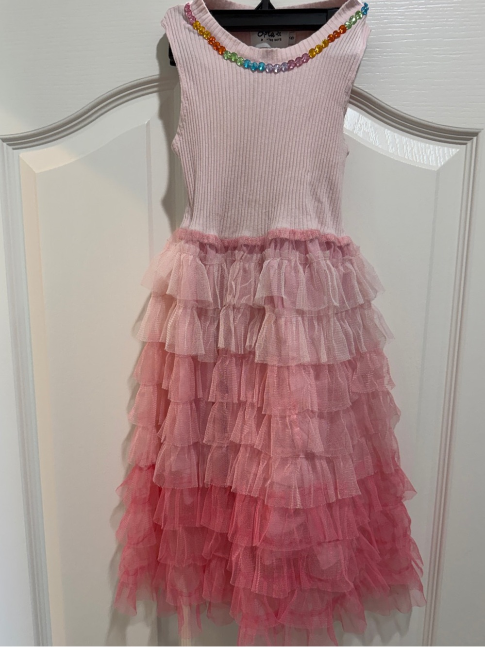 Lola + The Boys Pink Ombre Ruffle Tulle Dress with Rainbow Beaded Neckline